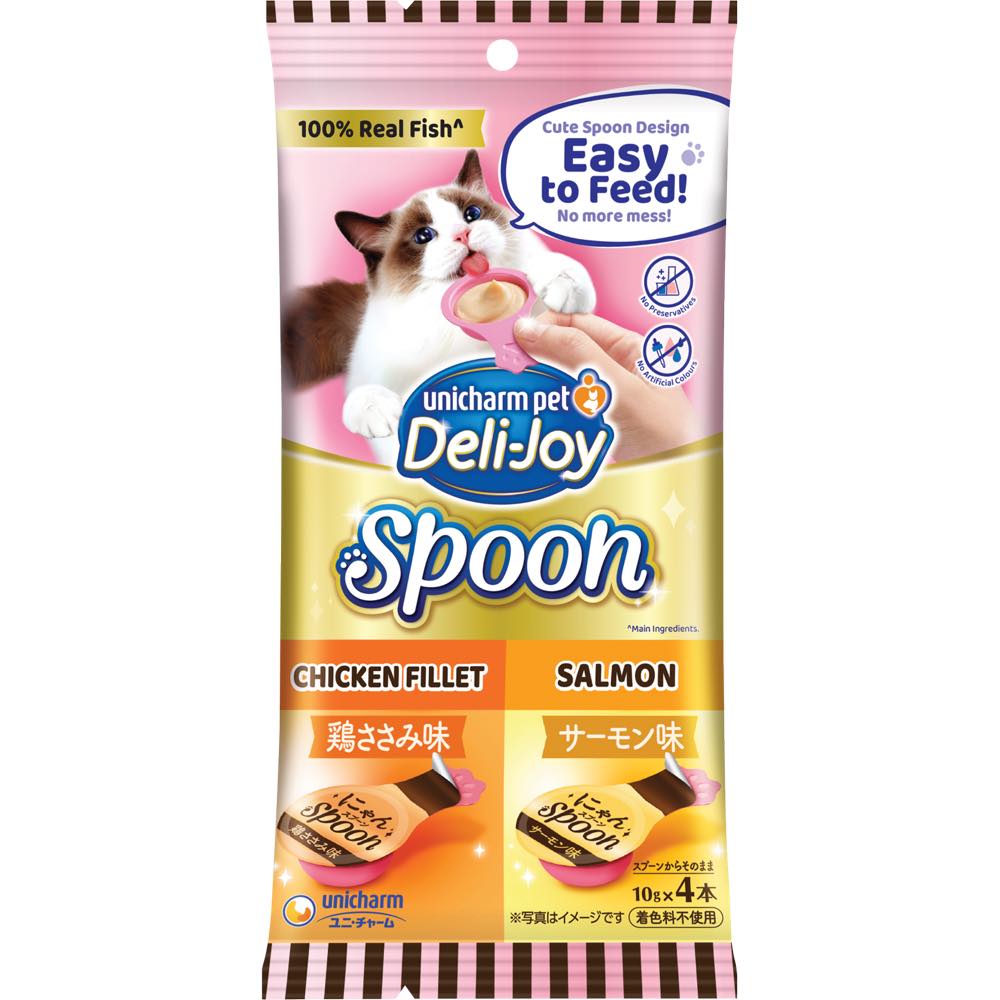 $2 OFF (Exp 25Oct25): Unicharm Deli-Joy Spoon Chicken Fillet & Salmon Creamy Cat Treats 40g